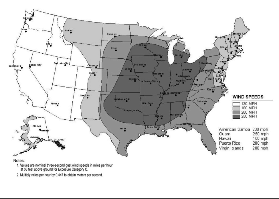 Map of tornado safe room wind speed design. There are four zones provided.