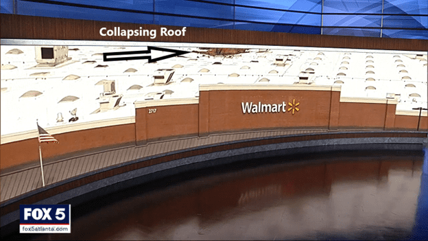 Collapsed roof due to the large retail fire.