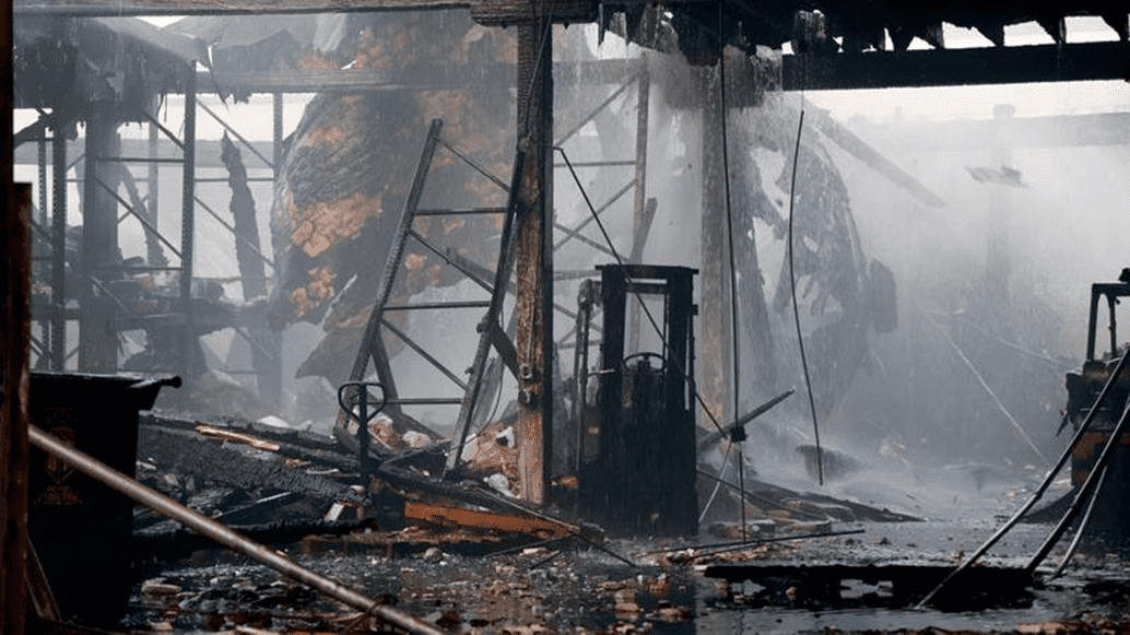 Nothing but the bones of the multi-business complex show after a devastating laundromat fire sweeps the building. 