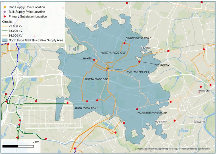 Figure 2: Geographic view of the network supplied by North Hyde GSP