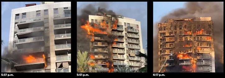 Multiple images showing progression of a residential complex fire over a period of 40 minutes