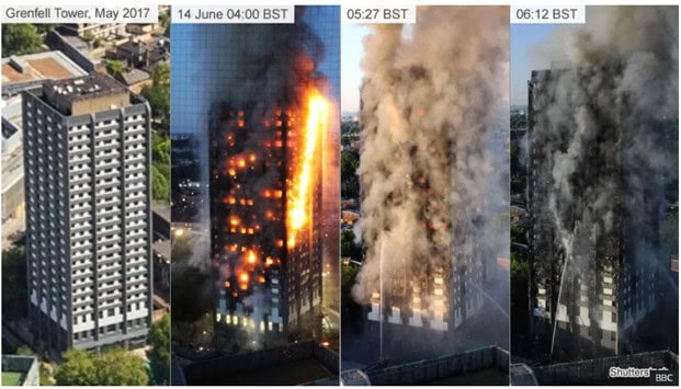Multiple images of the London's Grenfell Tower fire showing the fire progression over 2 hours and 12 minutes